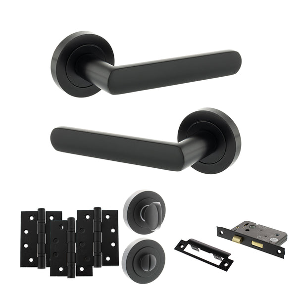 Status Carolina Door Handle Pack (Bathroom Set - 3" CE Bathroom Lock, 4" Fire Rated Hinges x3) by Atlantic Hardware