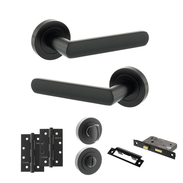 Status Carolina Door Handle Pack (Bathroom Set - 3" CE Bathroom Lock, 4" Slim Knuckle Hinges x2) by Atlantic Hardware