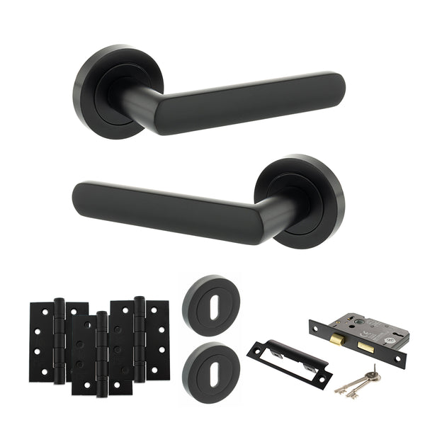 Status Carolina Door Handle Pack (3 Lever Lock Set - 2.5" CE Sashlock, 4" Fire Rated Hinges x3) by Atlantic Hardware