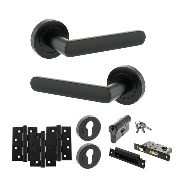Status Carolina Door Handle Pack (Euro Lock Set - 3" CE Sashlock, 4" Fire Rated Hinges x3) by Atlantic Hardware