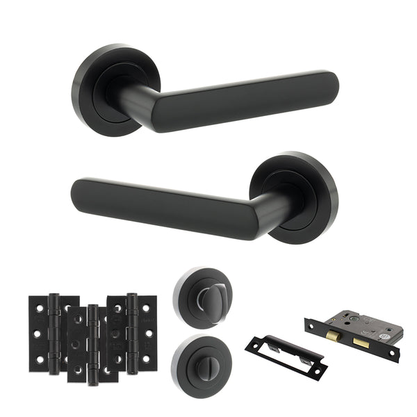 Status Carolina Door Handle Pack (Bathroom Set - 2.5" CE Bathroom Lock, 3" Fire Rated Hinges x3) by Atlantic Hardware