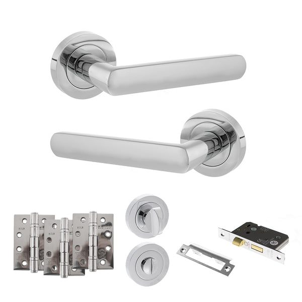 Status Carolina Door Handle Pack (Bathroom Set - 3" CE Bathroom Lock, 4" Fire Rated Hinges x3) by Atlantic Hardware