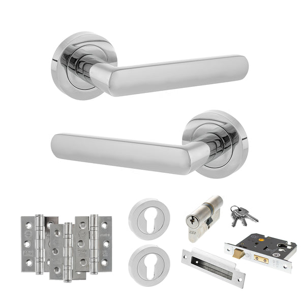 Status Carolina Door Handle Pack (Euro Lock Set - 3" CE Sashlock, 3" Fire Rated Hinges x3) by Atlantic Hardware