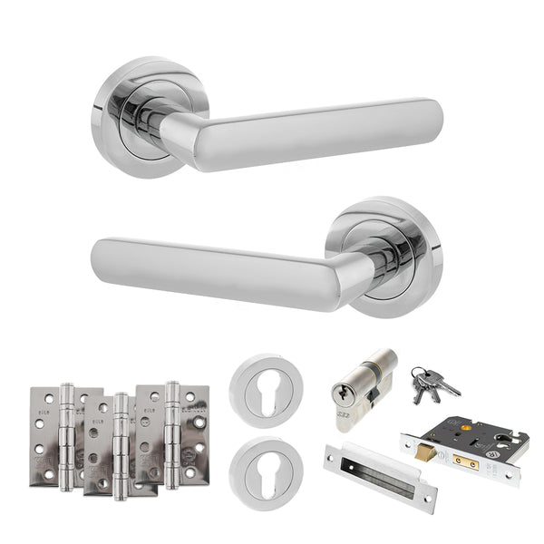 Status Carolina Door Handle Pack (Euro Lock Set - 3" CE Sashlock, 4" Fire Rated Hinges x3) by Atlantic Hardware