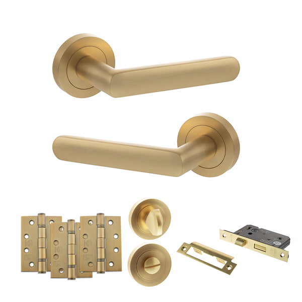 Status Carolina Door Handle Pack (Bathroom Set - 2.5" CE Bathroom Lock, 4" Fire Rated Hinges x3) by Atlantic Hardware