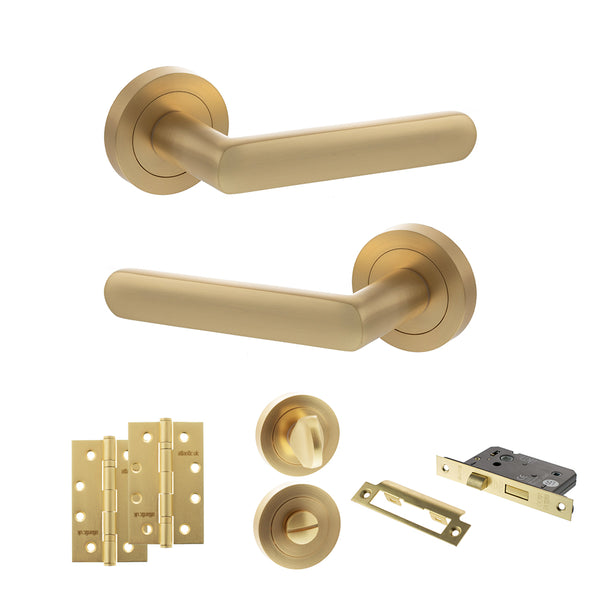 Status Carolina Door Handle Pack (Bathroom Set - 3" CE Bathroom Lock, 4" Slim Knuckle Hinges x2) by Atlantic Hardware