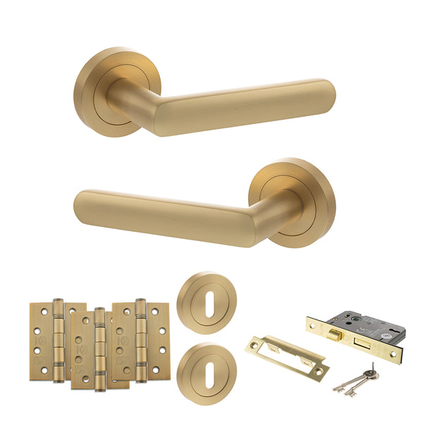Status Carolina Door Handle Pack (3 Lever Lock Set - 2.5" CE Sashlock, 4" Fire Rated Hinges x3) by Atlantic Hardware