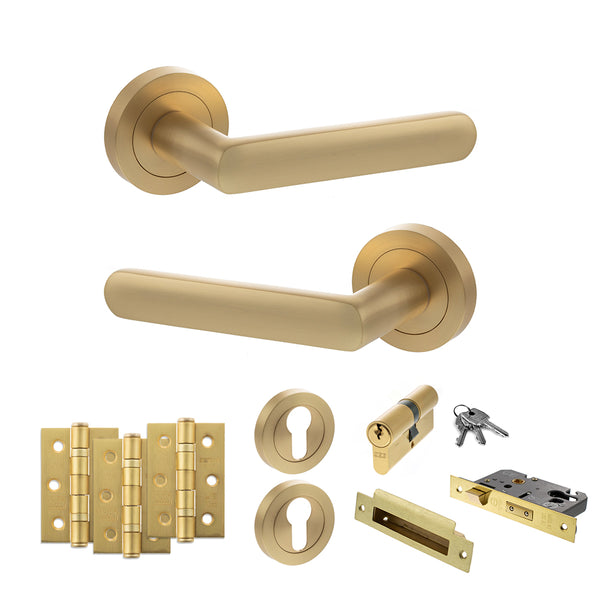Status Carolina Door Handle Pack (Euro Lock Set - 3" CE Sashlock, 3" Fire Rated Hinges x3) by Atlantic Hardware