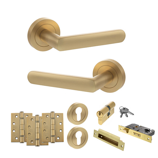 Status Carolina Door Handle Pack (Euro Lock Set - 3" CE Sashlock, 4" Fire Rated Hinges x3) by Atlantic Hardware