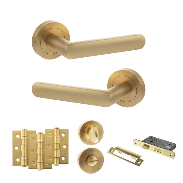 Status Carolina Door Handle Pack (Bathroom Set - 3" CE Bathroom Lock, 3" Fire Rated Hinges x3) by Atlantic Hardware