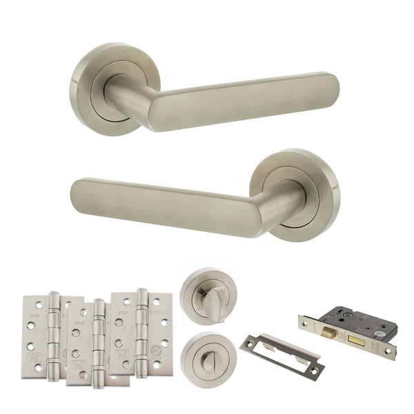 Status Carolina Door Handle Pack (Bathroom Set - 2.5" CE Bathroom Lock, 4" Fire Rated Hinges x3) by Atlantic Hardware