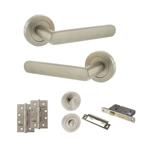 Status Carolina Door Handle Pack (Bathroom Set - 3" CE Bathroom Lock, 4" Slim Knuckle Hinges x2) by Atlantic Hardware