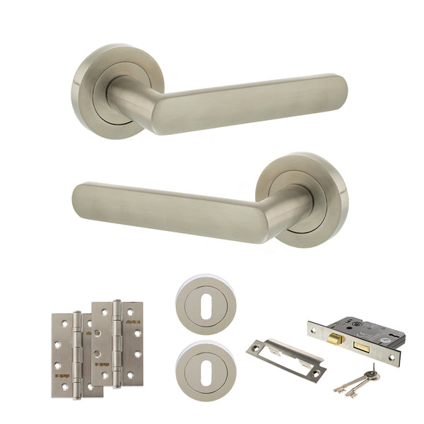 Status Carolina Door Handle Pack (3 Lever Lock Set - 3" CE Sashlock, 4" Slim Knuckle Hinges x2) by Atlantic Hardware