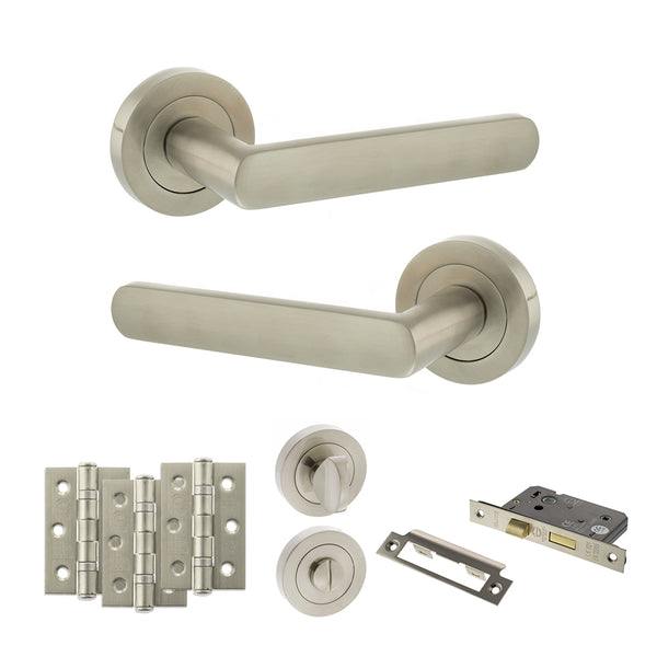 Status Carolina Door Handle Pack (Bathroom Set - 2.5" CE Bathroom Lock, 3" Fire Rated Hinges x3) by Atlantic Hardware