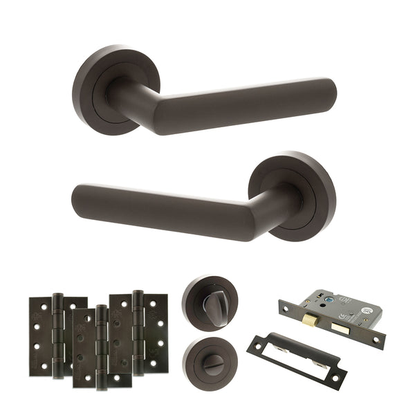Status Carolina Door Handle Pack (Bathroom Set - 3" CE Bathroom Lock, 4" Fire Rated Hinges x3) by Atlantic Hardware