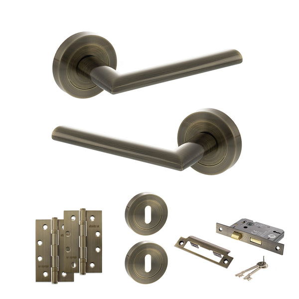 Status Alabama Door Handle Pack (3 Lever Lock Set - 2.5" CE Sashlock, 4" Slim Knuckle Hinges x2) by Atlantic Hardware