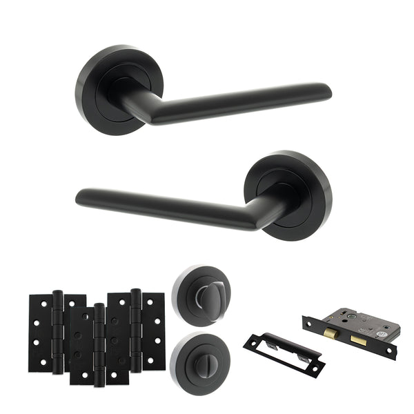Status Alabama Door Handle Pack (Bathroom Set - 2.5" CE Bathroom Lock, 4" Fire Rated Hinges x3) by Atlantic Hardware