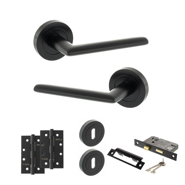 Status Alabama Door Handle Pack (3 Lever Lock Set - 2.5" CE Sashlock, 4" Slim Knuckle Hinges x2) by Atlantic Hardware