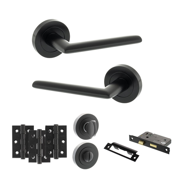 Status Alabama Door Handle Pack (Bathroom Set - 2.5" CE Bathroom Lock, 3" Fire Rated Hinges x3) by Atlantic Hardware