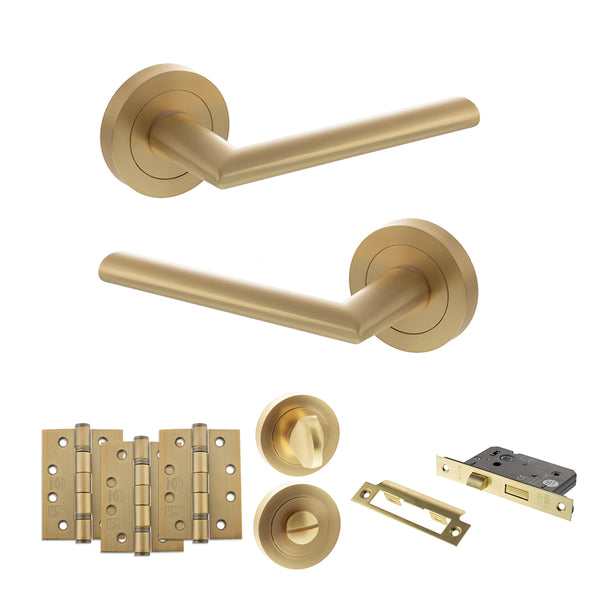 Status Alabama Door Handle Pack (Bathroom Set - 2.5" CE Bathroom Lock, 4" Fire Rated Hinges x3) by Atlantic Hardware