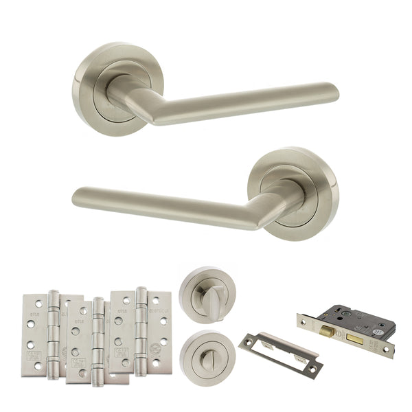 Status Alabama Door Handle Pack (Bathroom Set - 2.5" CE Bathroom Lock, 4" Fire Rated Hinges x3) by Atlantic Hardware
