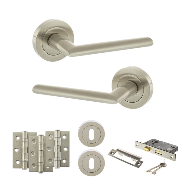Status Alabama Door Handle Pack (3 Lever Lock Set - 2.5" CE Sashlock, 3" Fire Rated Hinges x3) by Atlantic Hardware