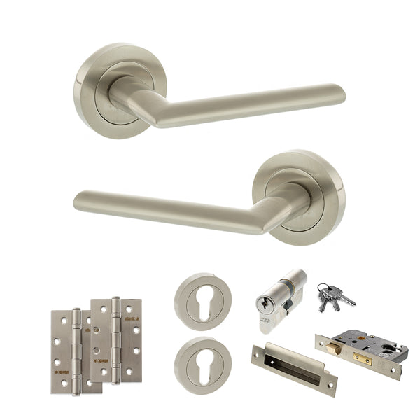 Status Alabama Door Handle Pack (Euro Lock Set - 3" CE Sashlock, 4" Slim Knuckle Hinges x2) by Atlantic Hardware