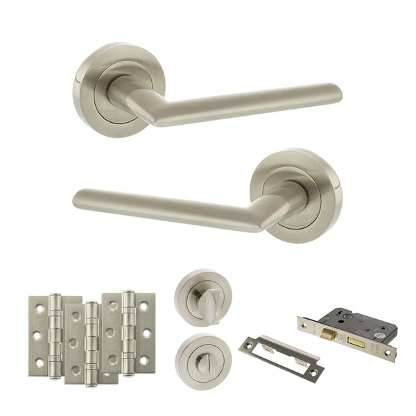 Status Alabama Door Handle Pack (Bathroom Set - 2.5" CE Bathroom Lock, 3" Fire Rated Hinges x3) by Atlantic Hardware