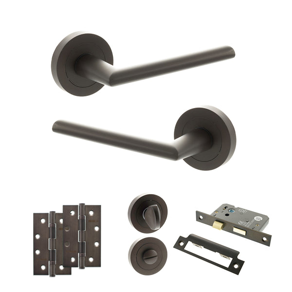 Status Alabama Door Handle Pack (Bathroom Set - 3" CE Bathroom Lock, 4" Slim Knuckle Hinges x2) by Atlantic Hardware