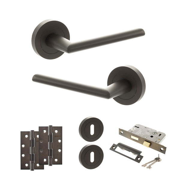 Status Alabama Door Handle Pack (3 Lever Lock Set - 2.5" CE Sashlock, 4" Slim Knuckle Hinges x2) by Atlantic Hardware