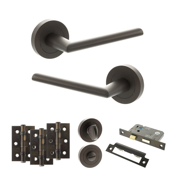 Status Alabama Door Handle Pack (Bathroom Set - 2.5" CE Bathroom Lock, 3" Fire Rated Hinges x3) by Atlantic Hardware