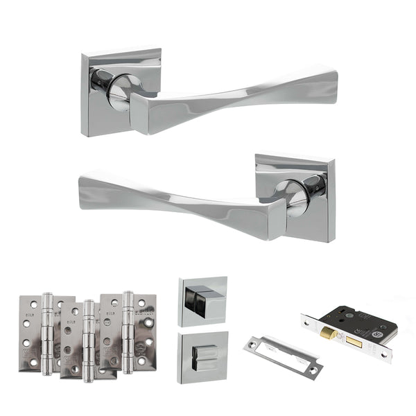 Senza Pari Guido Door Handle Pack (Bathroom Set - 2.5" CE Bathroom Lock, 4" Fire Rated Hinges x3) by Atlantic Hardware