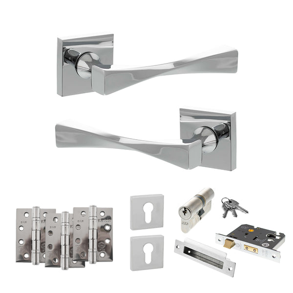 Senza Pari Guido Door Handle Pack (Euro Lock Set - 2.5" CE Sashlock, 4" Fire Rated Hinges x3) by Atlantic Hardware