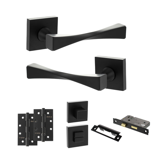 Senza Pari Guido Door Handle Pack (Bathroom Set - 3" CE Bathroom Lock, 4" Slim Knuckle Hinges x2) by Atlantic Hardware