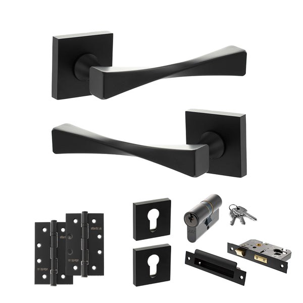 Senza Pari Guido Door Handle Pack (Euro Lock Set - 2.5" CE Sashlock, 4" Slim Knuckle Hinges x2) by Atlantic Hardware