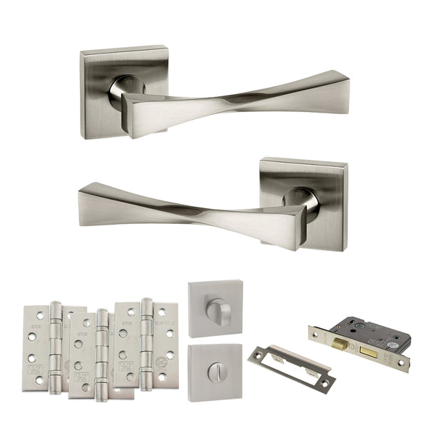 Senza Pari Guido Door Handle Pack (Bathroom Set - 2.5" CE Bathroom Lock, 4" Fire Rated Hinges x3) by Atlantic Hardware