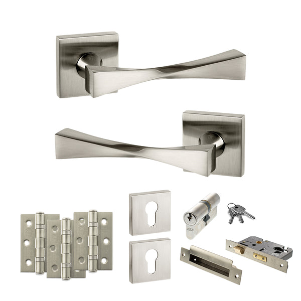 Senza Pari Guido Door Handle Pack (Euro Lock Set - 3" CE Sashlock, 3" Fire Rated Hinges x3) by Atlantic Hardware