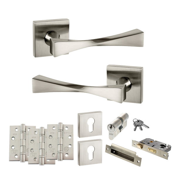 Senza Pari Guido Door Handle Pack (Euro Lock Set - 3" CE Sashlock, 4" Fire Rated Hinges x3) by Atlantic Hardware