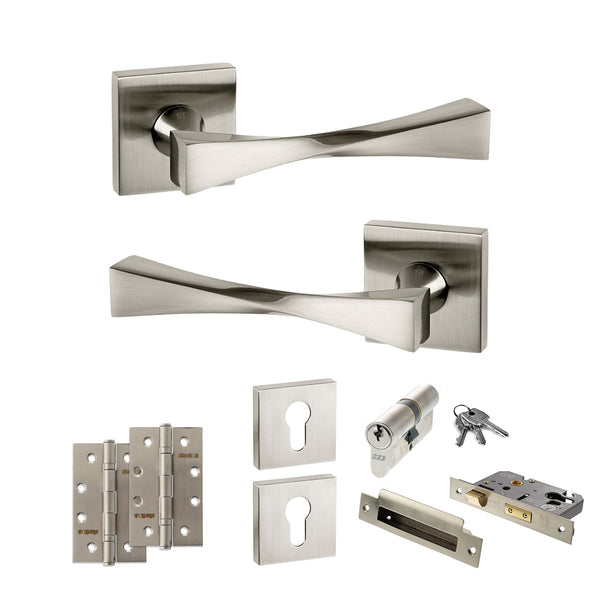 Senza Pari Guido Door Handle Pack (Euro Lock Set - 3" CE Sashlock, 4" Slim Knuckle Hinges x2) by Atlantic Hardware