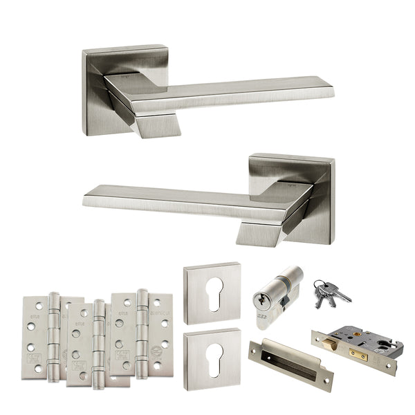 Senza Pari Giovanni Door Handle Pack (Euro Lock Set - 2.5" CE Sashlock, 4" Fire Rated Hinges x3) by Atlantic Hardware