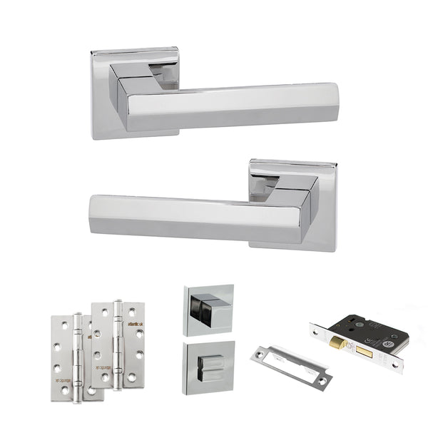 Senza Pari Davoli Door Handle Pack (Bathroom Set - 3" CE Bathroom Lock, 4" Slim Knuckle Hinges x2) by Atlantic Hardware