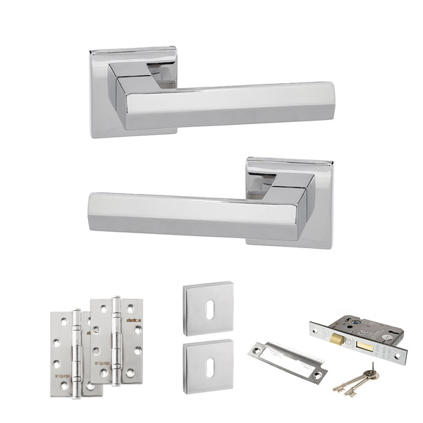 Senza Pari Davoli Door Handle Pack (3 Lever Lock Set - 3" CE Sashlock, 4" Slim Knuckle Hinges x2) by Atlantic Hardware