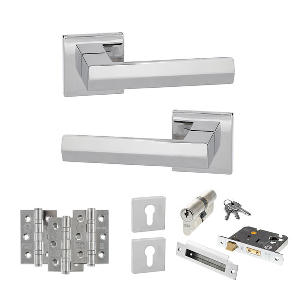 Senza Pari Davoli Door Handle Pack (Euro Lock Set - 3" CE Sashlock, 3" Fire Rated Hinges x3) by Atlantic Hardware