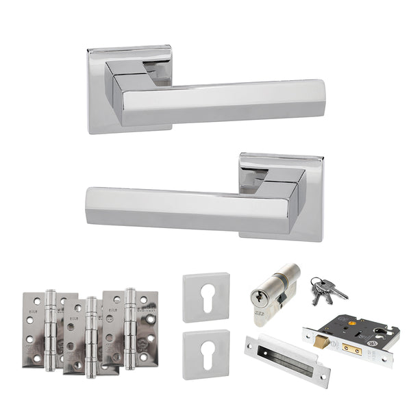 Senza Pari Davoli Door Handle Pack (Euro Lock Set - 3" CE Sashlock, 4" Fire Rated Hinges x3) by Atlantic Hardware
