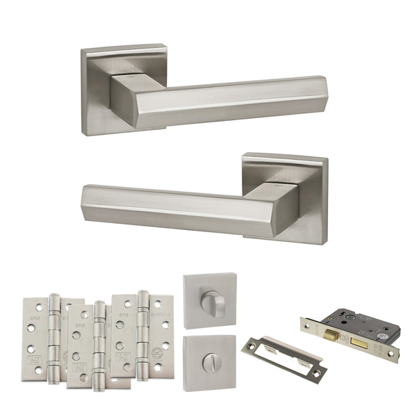 Senza Pari Davoli Door Handle Pack (Bathroom Set - 3" CE Bathroom Lock, 4" Fire Rated Hinges x3) by Atlantic Hardware