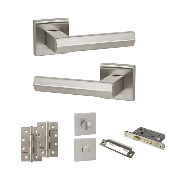 Senza Pari Davoli Door Handle Pack (Bathroom Set - 2.5" CE Bathroom Lock, 4" Slim Knuckle Hinges x2) by Atlantic Hardware