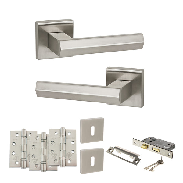 Senza Pari Davoli Door Handle Pack (3 Lever Lock Set - 3" CE Sashlock, 4" Fire Rated Hinges x3) by Atlantic Hardware