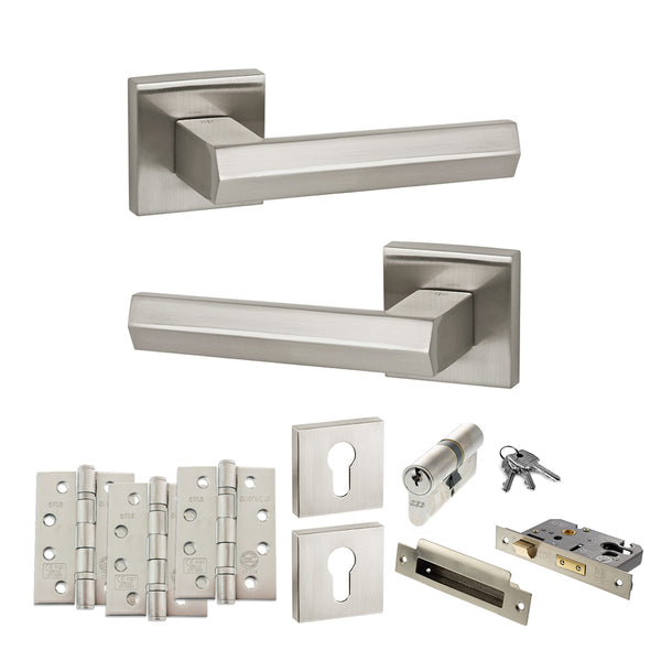 Senza Pari Davoli Door Handle Pack (Euro Lock Set - 3" CE Sashlock, 4" Fire Rated Hinges x3) by Atlantic Hardware