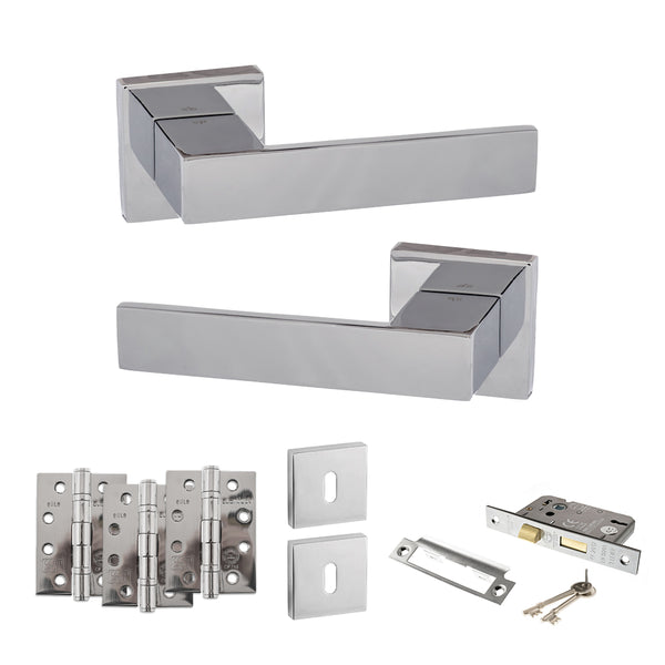 Senza Pari Panetti Door Handle Pack (3 Lever Lock Set - 3" CE Sashlock, 4" Fire Rated Hinges x3) by Atlantic Hardware