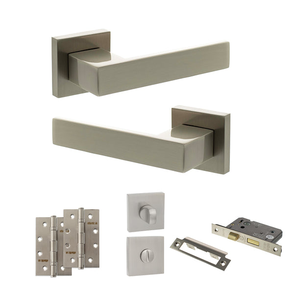 Senza Pari Panetti Door Handle Pack (Bathroom Set - 3" CE Bathroom Lock, 4" Slim Knuckle Hinges x2) by Atlantic Hardware